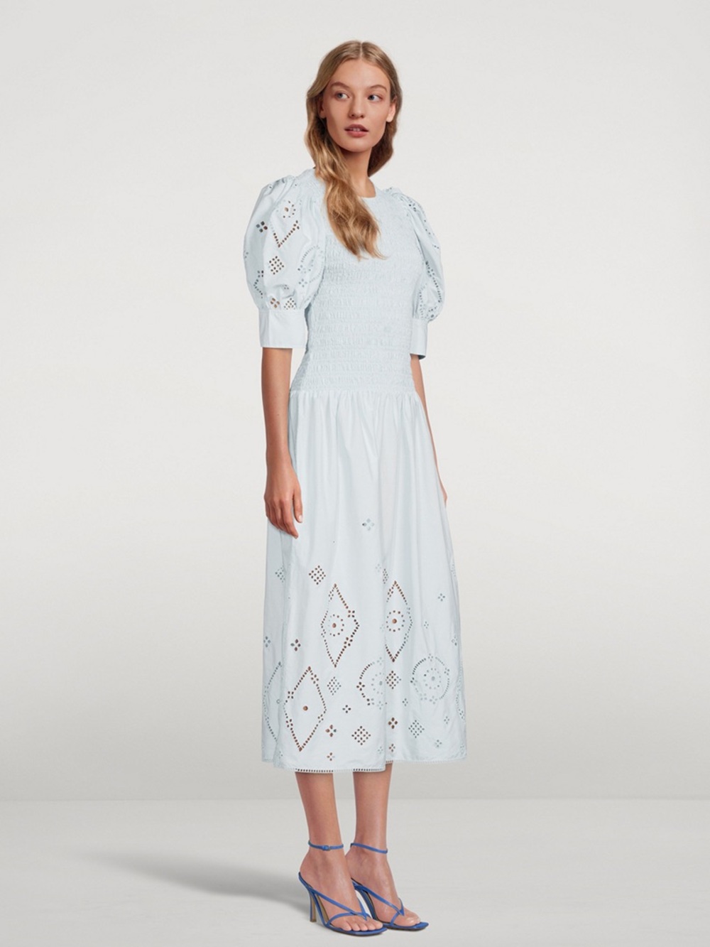 GANNI Broderie Anglaise Midi Dress Light Blue Eyelet with Puff Sleeves NWT SZ 36